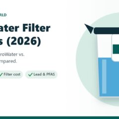 Illustration of a water filter pitcher with a filter cartridge and a glass of water