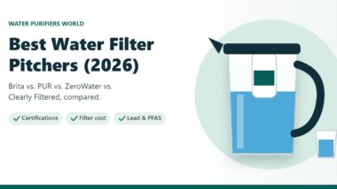Illustration of a water filter pitcher with a filter cartridge and a glass of water