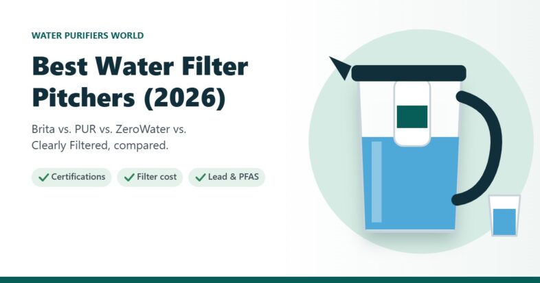 Illustration of a water filter pitcher with a filter cartridge and a glass of water