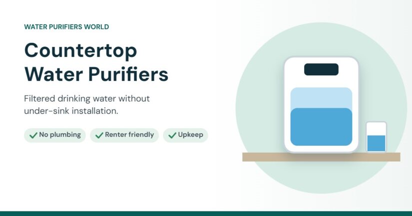 Illustration of a countertop water purifier and a glass of water