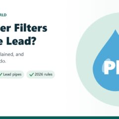 Illustration of a water drop with the symbol Pb for lead and a check mark