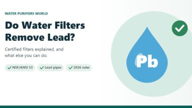 Illustration of a water drop with the symbol Pb for lead and a check mark