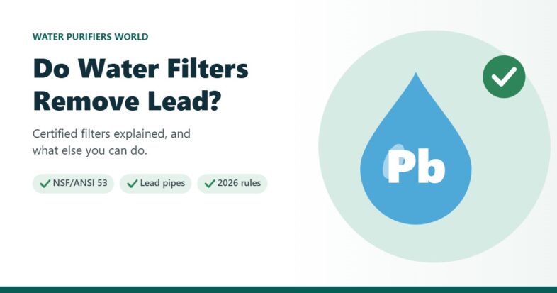 Illustration of a water drop with the symbol Pb for lead and a check mark