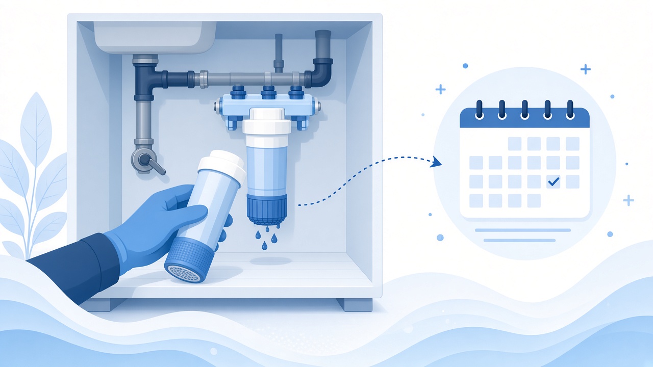 Illustration of replacing an under-sink water filter on a schedule