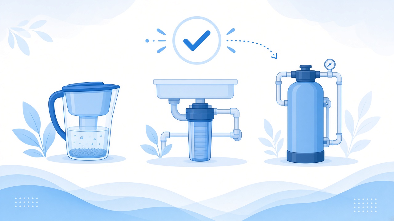 Illustration comparing pitcher, under-sink, and whole-house water filters