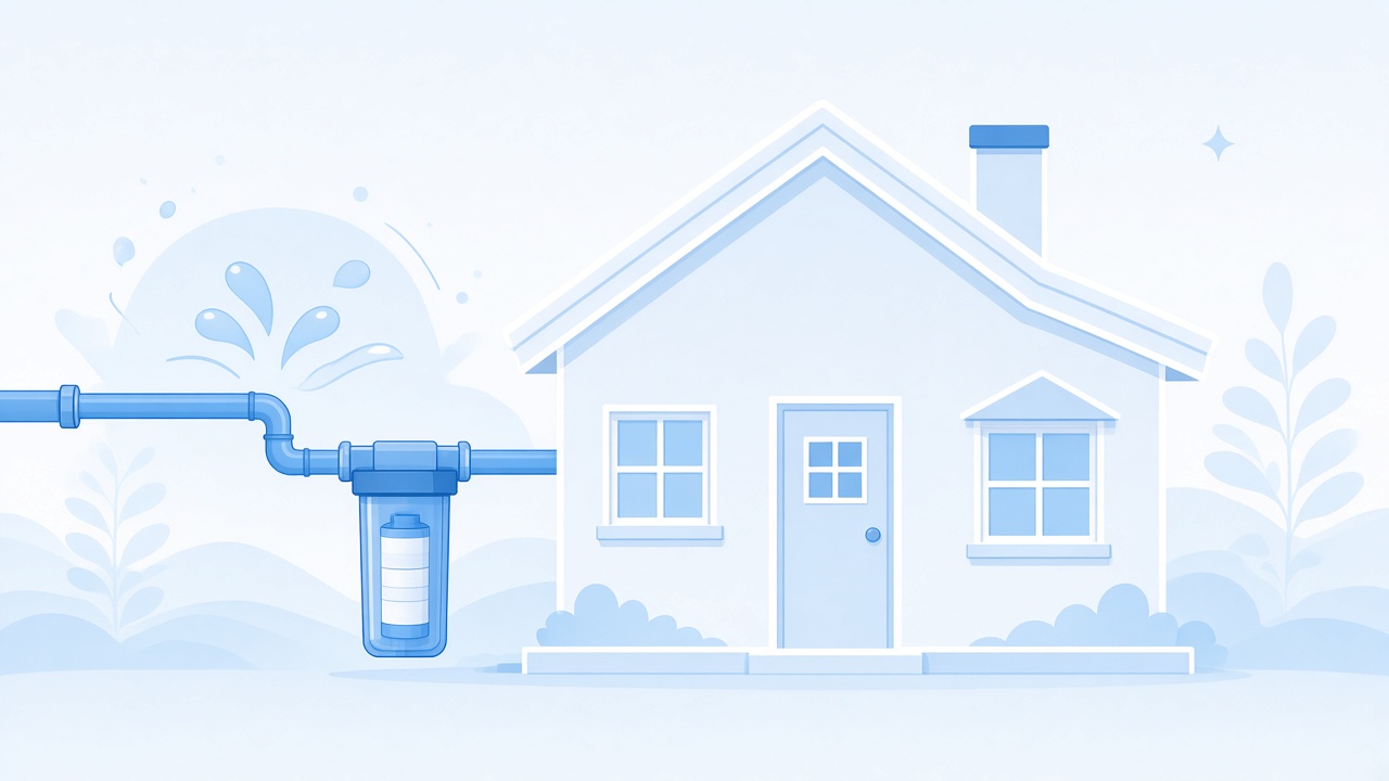 Illustration of a whole-house water filter on a home water line