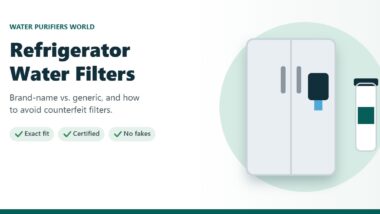 Illustration of a refrigerator with a water dispenser and a filter cartridge