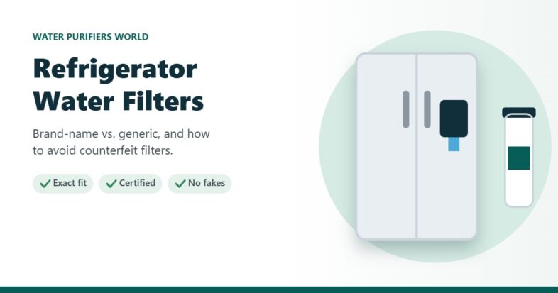 Illustration of a refrigerator with a water dispenser and a filter cartridge