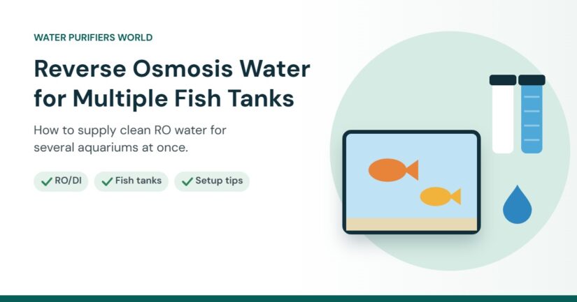 Reverse osmosis water fish tanks: illustration of an aquarium with fish next to reverse osmosis filter cartridges