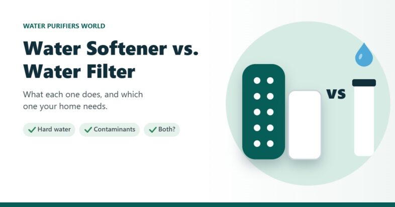 Illustration comparing a water softener tank with a water filter cartridge