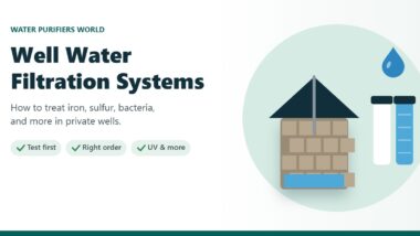 Illustration of a stone well with water filter cartridges