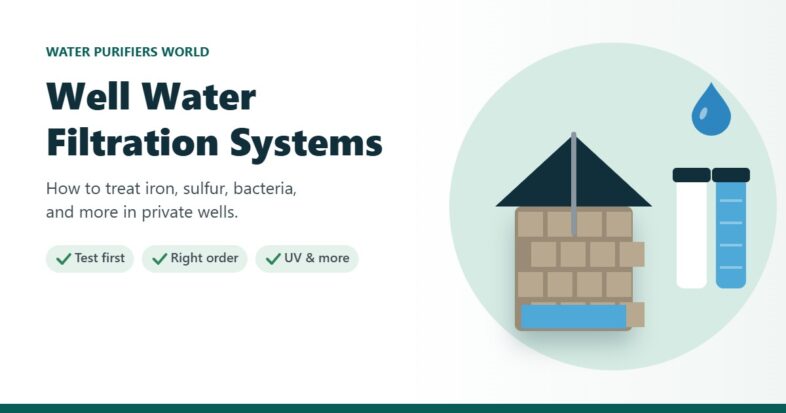Illustration of a stone well with water filter cartridges